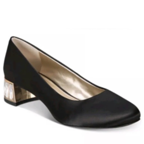 Anne Klein Hayden Block Heel Black Satin
Fabric w/Gem Jeweled Embellished Heel - Picture 3 of 12